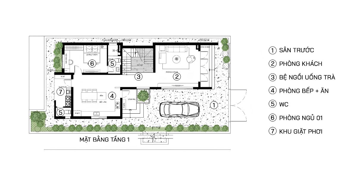 Việc bố trí hợp lý khu vực sinh hoạt chung và phòng ngủ tầng 1 giúp tăng tính tiện nghi cho mọi thành viên trong gia đình (Ảnh: Sưu tầm)