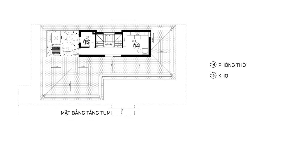 Tầng tum là khoảng không gian đa năng, giúp bản vẽ biệt thự 2 tầng 1 tum phát huy tối đa giá trị sử dụng (Ảnh: Sưu tầm)