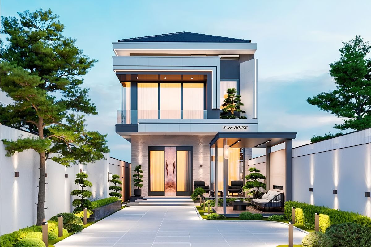 Mẫu biệt thự 2 tầng 5 phòng ngủ đẹp kèm báo giá 2026 3 Thiết kế biệt thự 2 tầng 5 phòng ngủ hiện đại sử dụng hình khối khỏe khoắn, phù hợp xu hướng kiến trúc 2026 (Ảnh: Sưu tầm)