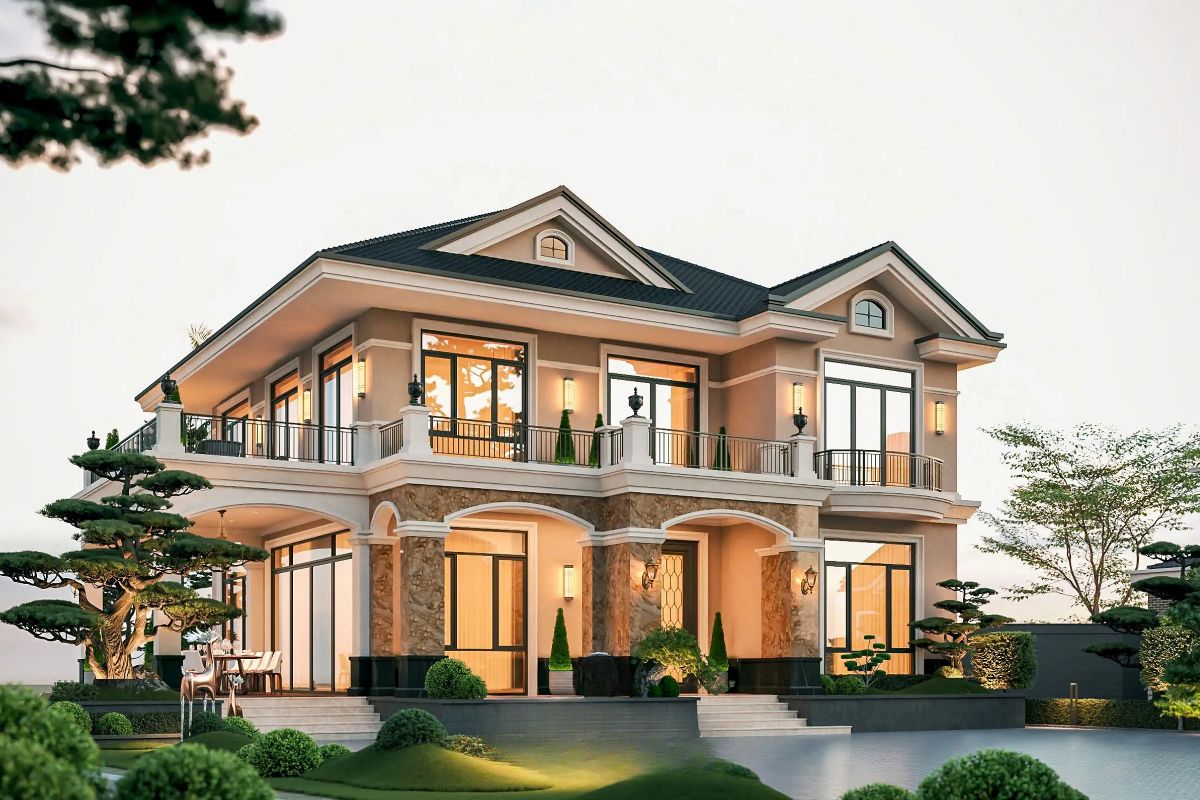 20+ Mẫu biệt thự 2 tầng 6 phòng ngủ đẹp & bản vẽ công năng tối ưu 2026 2 Biệt thự 2 tầng 6 phòng ngủ giúp tối ưu chi phí xây dựng mà vẫn đảm bảo diện tích sử dụng rộng rãi (Ảnh: Sưu tầm)