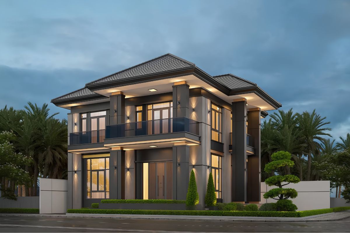 20+ Mẫu biệt thự 2 tầng 6 phòng ngủ đẹp & bản vẽ công năng tối ưu 2026 3 Biệt thự 2 tầng 6 phòng ngủ mái Nhật nổi bật với vẻ đẹp thanh lịch và cân đối (Ảnh: Sưu tầm)