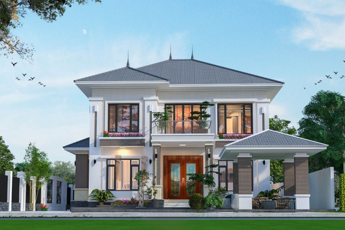 20+ Mẫu biệt thự 2 tầng 6 phòng ngủ đẹp & bản vẽ công năng tối ưu 2026 7 Biệt thự 2 tầng 6 phòng ngủ mái Nhật kết hợp sân vườn tạo nên không gian sống hài hòa (Ảnh: Sưu tầm)