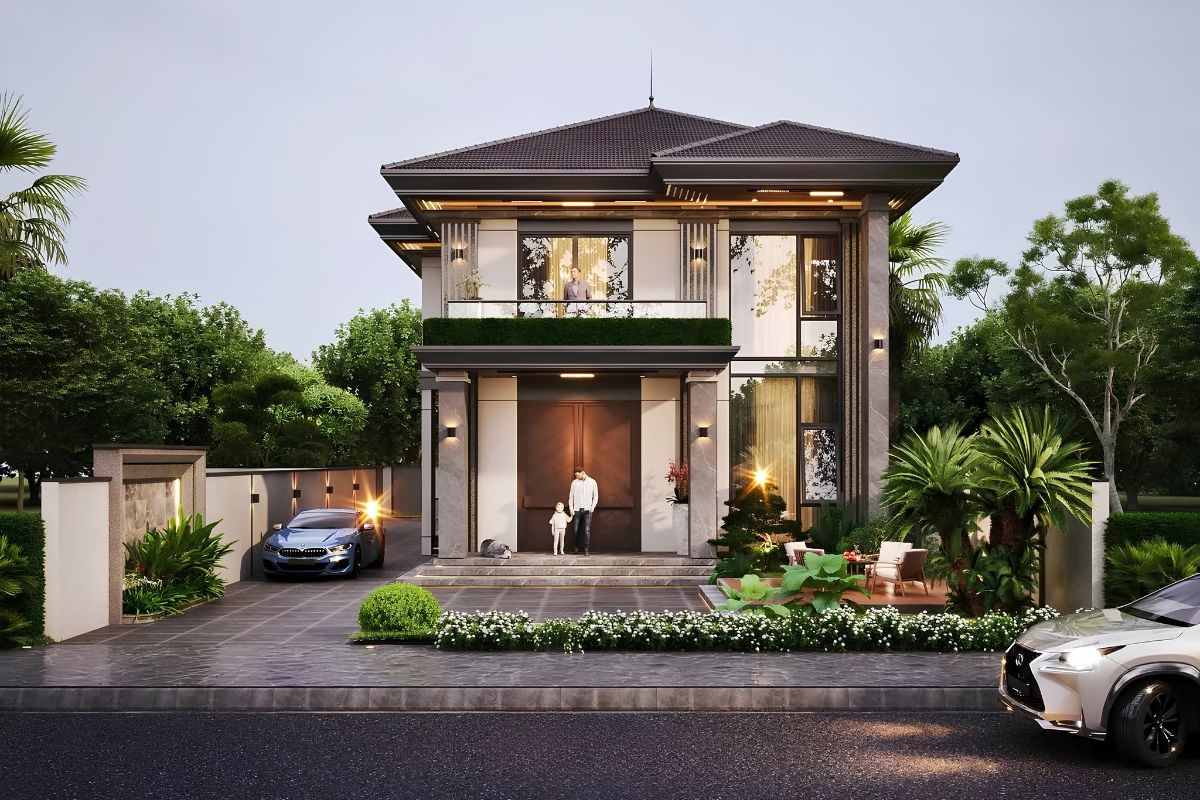 20+ Mẫu biệt thự 2 tầng 6 phòng ngủ đẹp & bản vẽ công năng tối ưu 2026 12 Biệt thự 2 tầng 6 phòng ngủ hiện đại gây ấn tượng với hình khối kiến trúc mạnh mẽ (Ảnh: Sưu tầm)