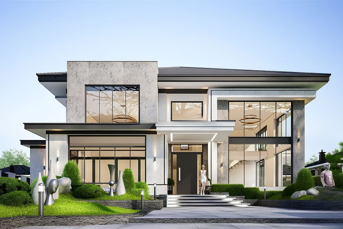 20+ Mẫu biệt thự 2 tầng 6 phòng ngủ đẹp & bản vẽ công năng tối ưu 2026 15 Nhà biệt thự 2 tầng 6 phòng ngủ đẹp phong cách hiện đại sở hữu mặt tiền trẻ trung (Ảnh: Sưu tầm)
