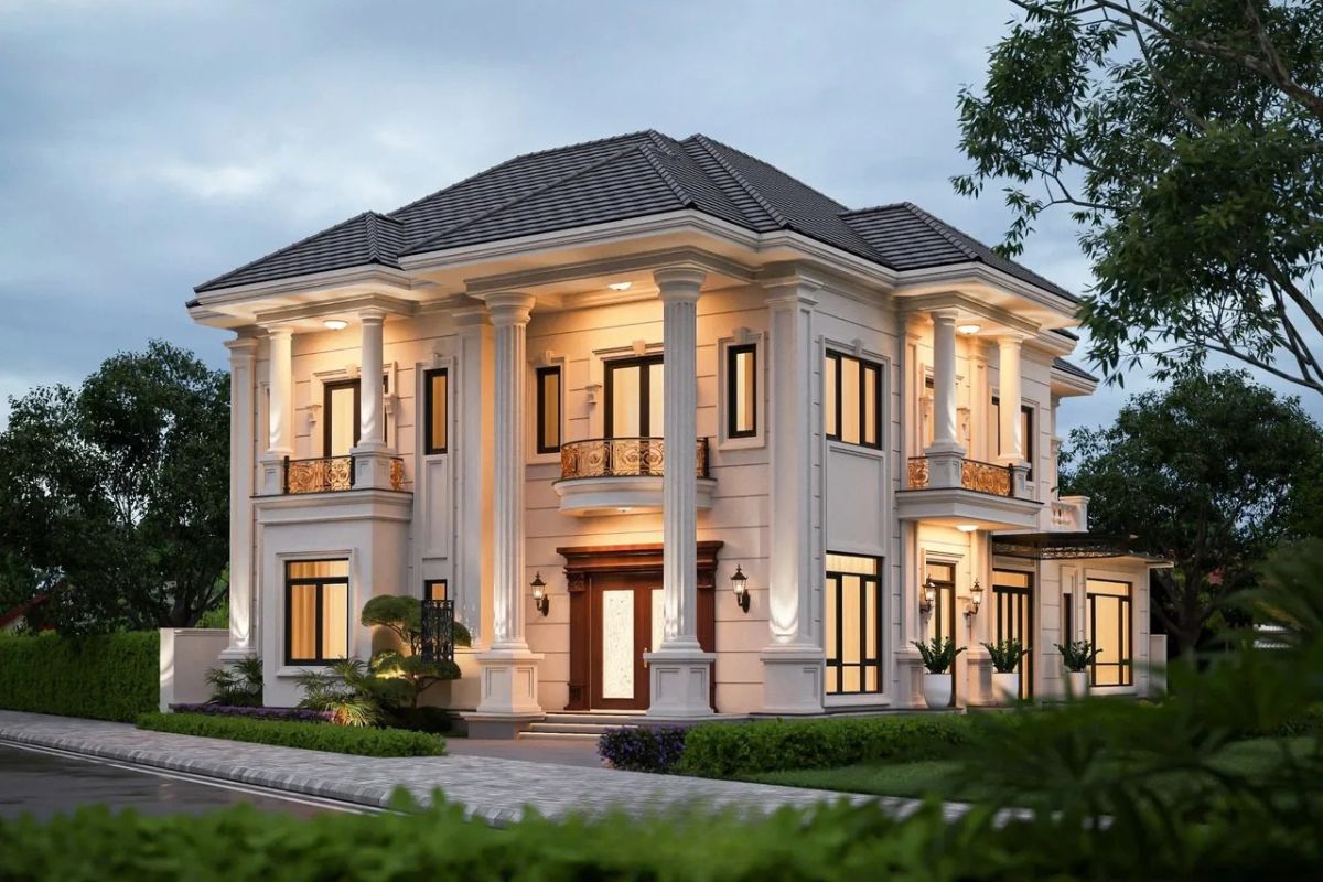 20+ Mẫu biệt thự 2 tầng 6 phòng ngủ đẹp & bản vẽ công năng tối ưu 2026 17 Biệt thự 2 tầng 6 phòng ngủ tân cổ điển mang vẻ đẹp sang trọng và trường tồn (Ảnh: Sưu tầm)