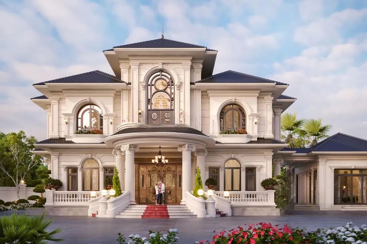 20+ Mẫu biệt thự 2 tầng 6 phòng ngủ đẹp & bản vẽ công năng tối ưu 2026 18 Mẫu biệt thự 2 tầng 6 phòng ngủ tân cổ điển nổi bật với hệ cột cân đối (Ảnh: Sưu tầm)