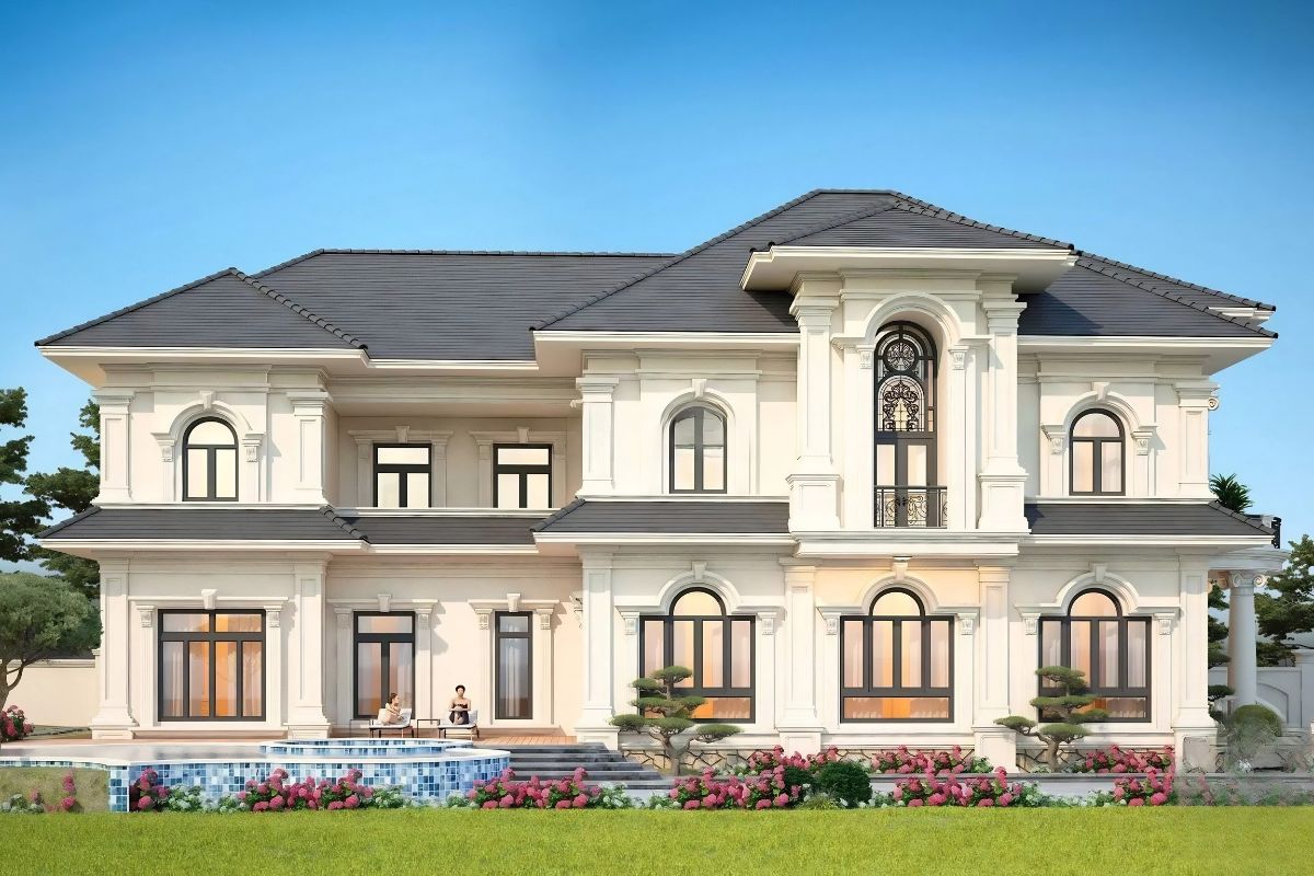 20+ Mẫu biệt thự 2 tầng 6 phòng ngủ đẹp & bản vẽ công năng tối ưu 2026 19 Thiết kế biệt thự 2 tầng 6 phòng ngủ tân cổ điển phù hợp gia chủ yêu thích sự đẳng cấp (Ảnh: Sưu tầm)