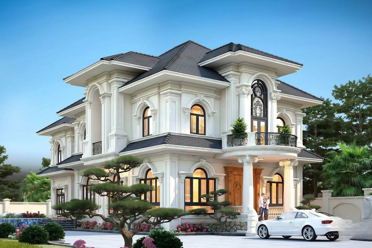 20+ Mẫu biệt thự 2 tầng 6 phòng ngủ đẹp & bản vẽ công năng tối ưu 2026 21 Biệt thự 2 tầng 6 phòng ngủ tân cổ điển kết hợp sân vườn tạo nên tổng thể bề thế (Ảnh: Sưu tầm)