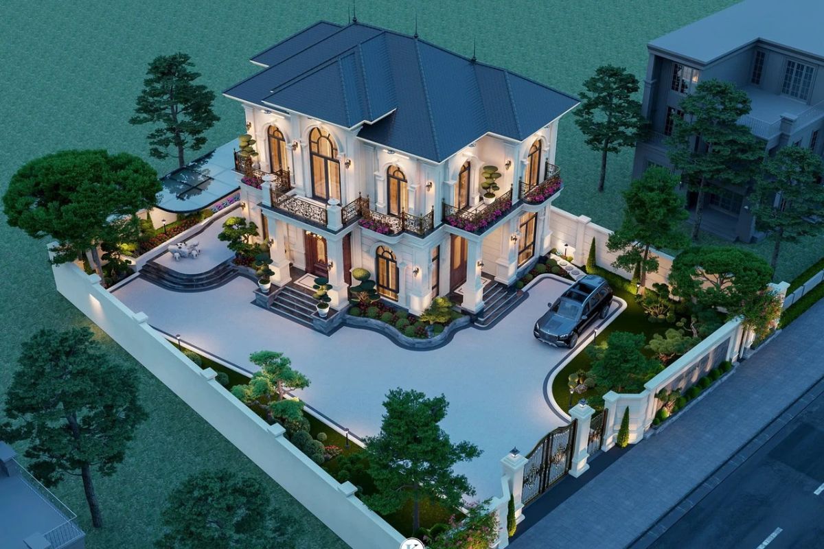 20+ Mẫu biệt thự 2 tầng 6 phòng ngủ đẹp & bản vẽ công năng tối ưu 2026 22 Biệt thự 2 tầng 6 phòng ngủ sân vườn mang đến môi trường sống xanh và thư thái (Ảnh: Sưu tầm)