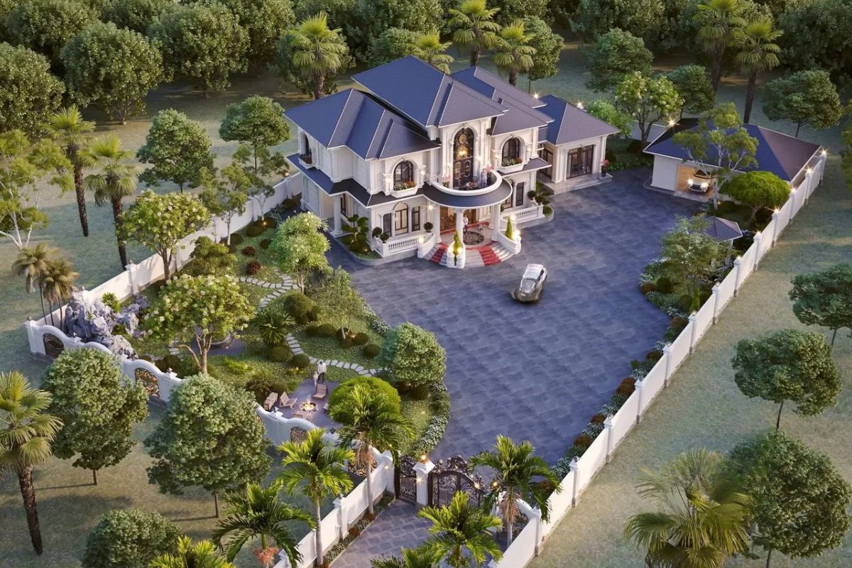 20+ Mẫu biệt thự 2 tầng 6 phòng ngủ đẹp & bản vẽ công năng tối ưu 2026 23 Mẫu biệt thự 2 tầng 6 phòng ngủ sân vườn phù hợp những khu đất rộng (Ảnh: Sưu tầm)