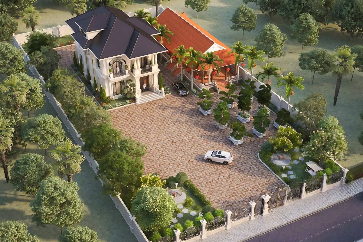 20+ Mẫu biệt thự 2 tầng 6 phòng ngủ đẹp & bản vẽ công năng tối ưu 2026 24 Thiết kế biệt thự 2 tầng 6 phòng ngủ sân vườn giúp kết nối hài hòa giữa kiến trúc và thiên nhiên (Ảnh: Sưu tầm)