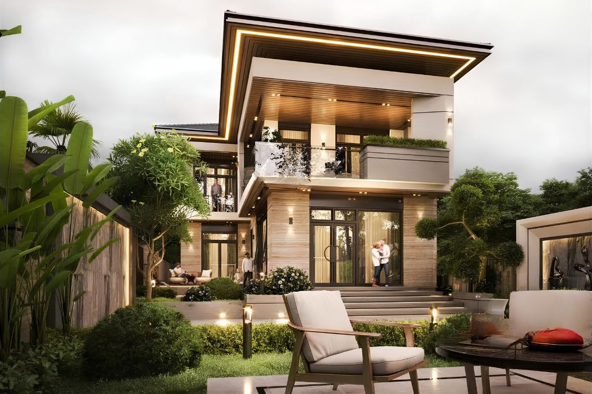 20+ Mẫu biệt thự 2 tầng 6 phòng ngủ đẹp & bản vẽ công năng tối ưu 2026 25 Nhà biệt thự 2 tầng 6 phòng ngủ đẹp với hệ cảnh quan được quy hoạch đồng bộ (Ảnh: Sưu tầm)