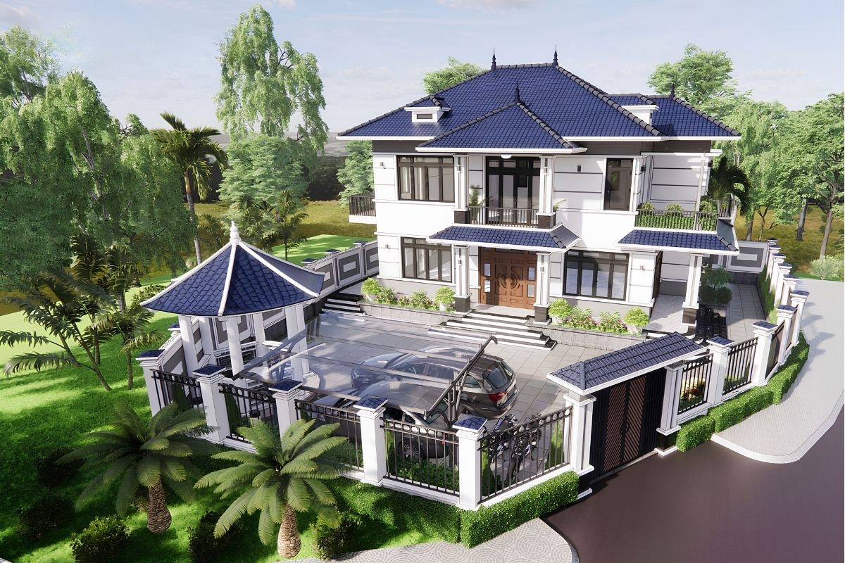 20+ Mẫu biệt thự 2 tầng 6 phòng ngủ đẹp & bản vẽ công năng tối ưu 2026 26 Biệt thự 2 tầng 6 phòng ngủ sân vườn là xu hướng được nhiều gia đình lựa chọn hiện nay (Ảnh: Sưu tầm)