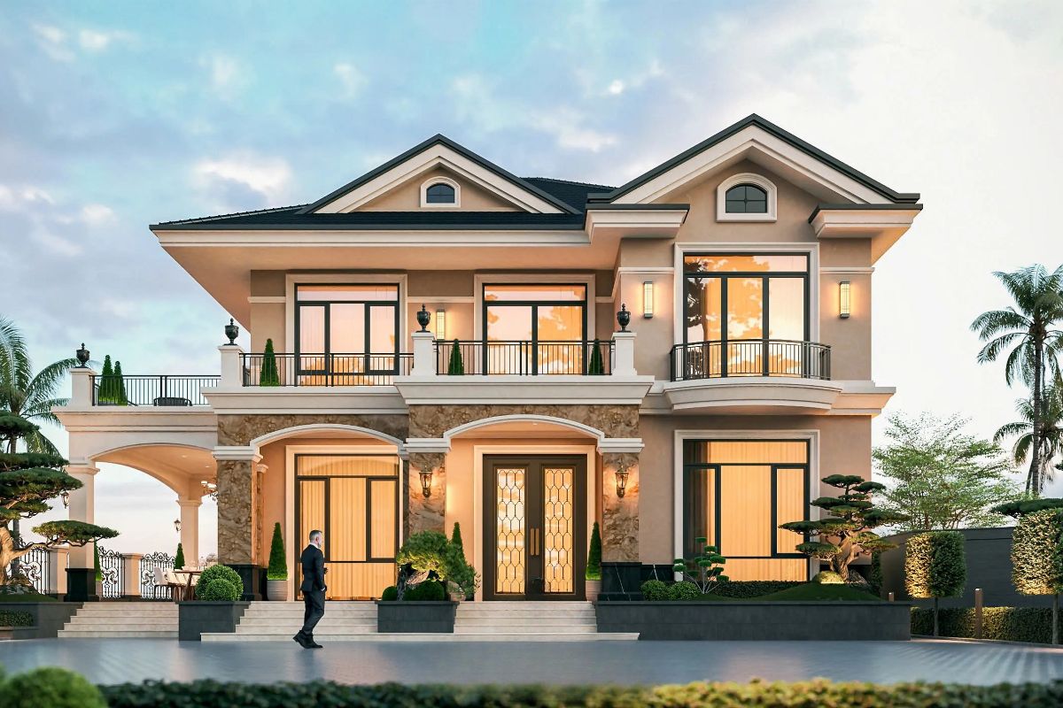 20+ Mẫu biệt thự 2 tầng 6 phòng ngủ đẹp & bản vẽ công năng tối ưu 2026 28 Mẫu biệt thự 2 tầng 6 phòng ngủ 300m2 phù hợp gia đình đông thành viên (Ảnh: Sưu tầm)
