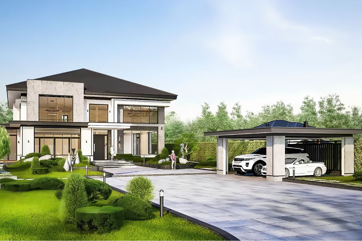 20+ Mẫu biệt thự 2 tầng 6 phòng ngủ đẹp & bản vẽ công năng tối ưu 2026 29 Thiết kế biệt thự 2 tầng 6 phòng ngủ 300m2 dễ dàng tích hợp gara và sân vườn (Ảnh: Sưu tầm)