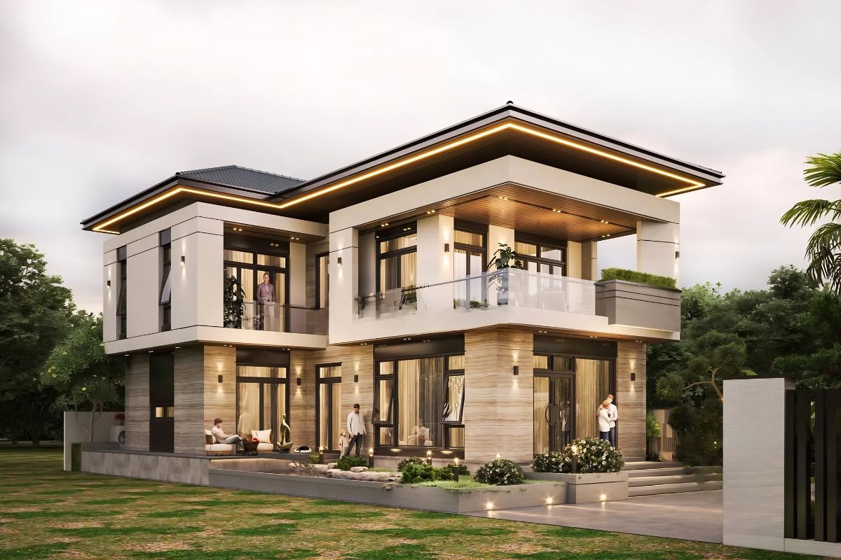 20+ Mẫu biệt thự 2 tầng 6 phòng ngủ đẹp & bản vẽ công năng tối ưu 2026 30 Nhà biệt thự 2 tầng 6 phòng ngủ đẹp 300m2 sở hữu mặt tiền bề thế và ấn tượng (Ảnh: Sưu tầm)