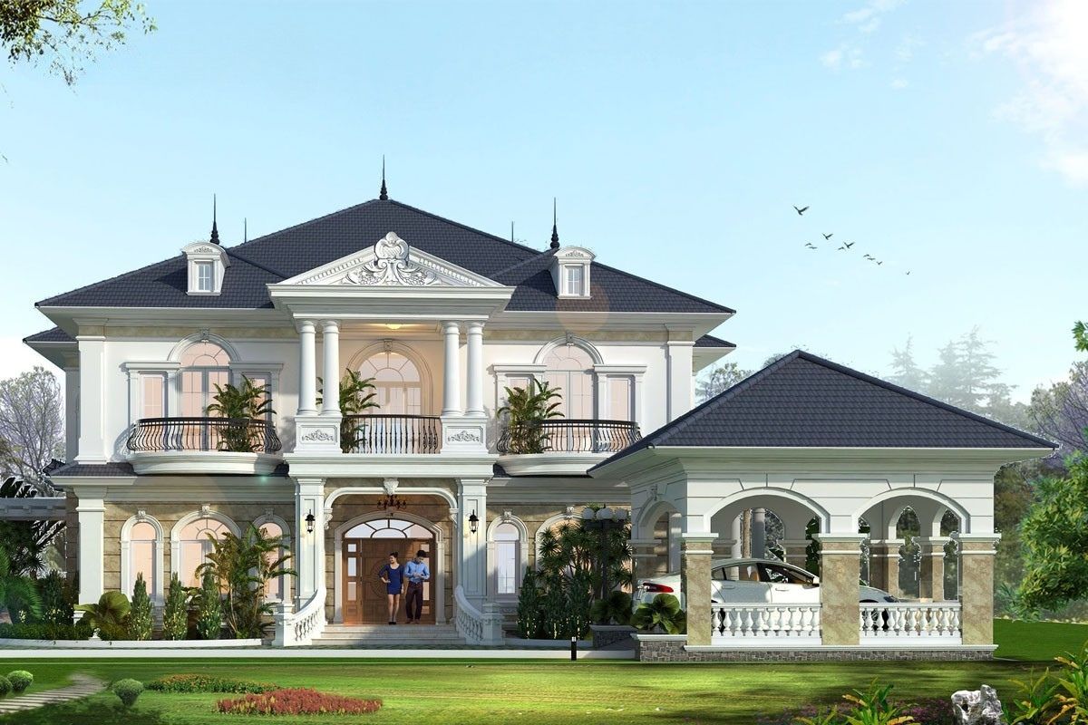 20+ Mẫu biệt thự 2 tầng 6 phòng ngủ đẹp & bản vẽ công năng tối ưu 2026 31 Biệt thự 2 tầng 6 phòng ngủ có gara trên diện tích 300m2 đáp ứng nhu cầu sử dụng cao (Ảnh: Sưu tầm)