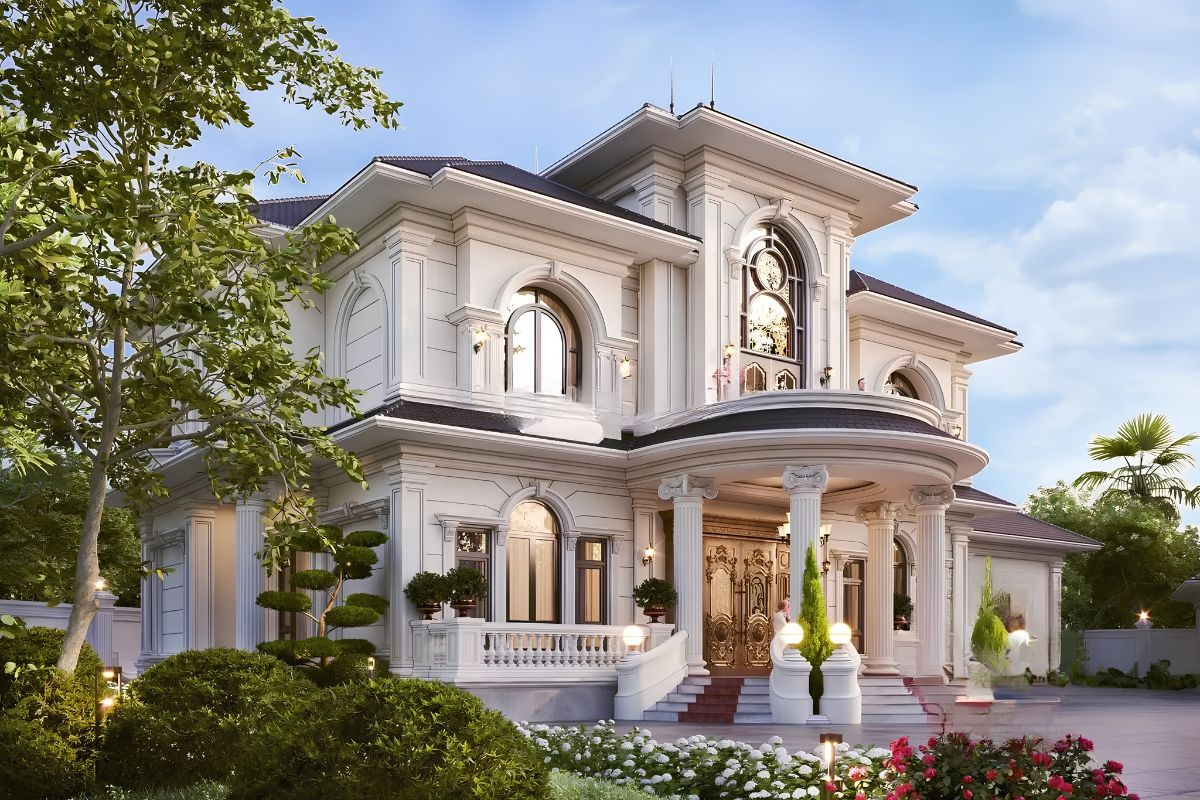 20+ Mẫu biệt thự 2 tầng 6 phòng ngủ đẹp & bản vẽ công năng tối ưu 2026 37 Biệt thự 2 tầng 6 phòng ngủ là lựa chọn phù hợp cho gia đình đông thành viên với công năng linh hoạt và không gian sống chất lượng (Ảnh: Sưu tầm)