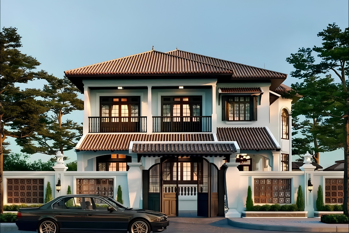 25+ Mẫu biệt thự 2 tầng phong cách Indochine đẹp lãng mạn & báo giá 2026 2 Nhờ mái dốc, hiên rộng và thông gió tự nhiên, thiết kế biệt thự 2 tầng phong cách Indochine luôn mang đến không gian sống thoáng mát quanh năm (Ảnh: Sưu tầm)
