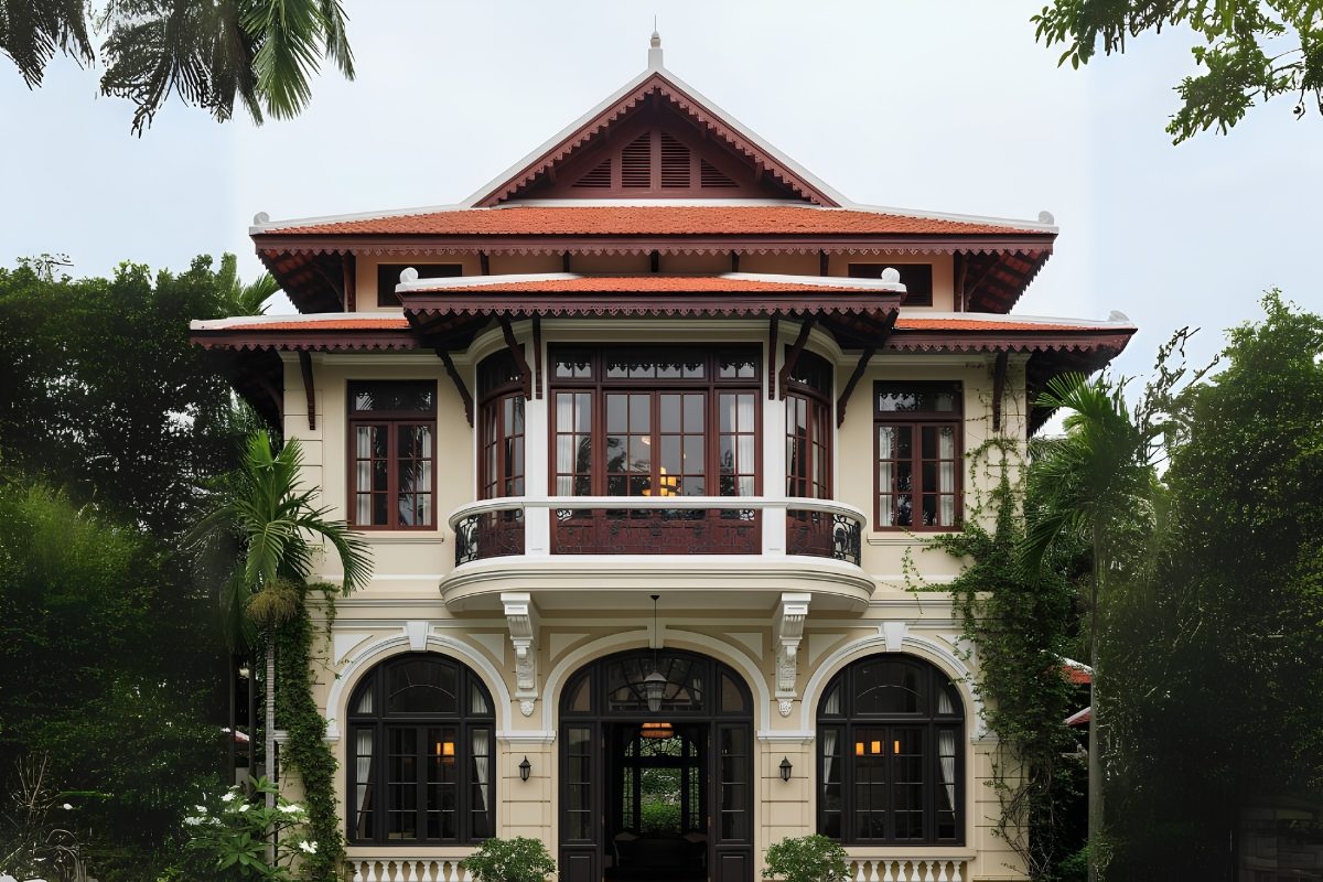 25+ Mẫu biệt thự 2 tầng phong cách Indochine đẹp lãng mạn & báo giá 2026 4 Bảng màu trung tính mang đến vẻ đẹp thanh lịch, ấm áp và đầy chiều sâu cho biệt thự 2 tầng kiểu Đông Dương (Ảnh: Sưu tầm)