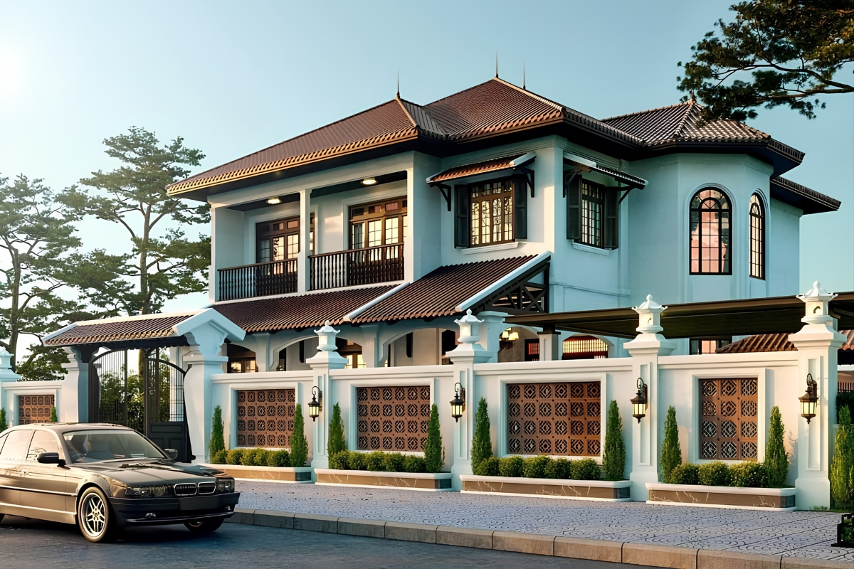 25+ Mẫu biệt thự 2 tầng phong cách Indochine đẹp lãng mạn & báo giá 2026 7 Hệ cửa lớn và cửa chớp truyền thống giúp biệt thự Indochine hiện đại 2 tầng luôn ngập tràn ánh sáng và gió trời (Ảnh: Sưu tầm)