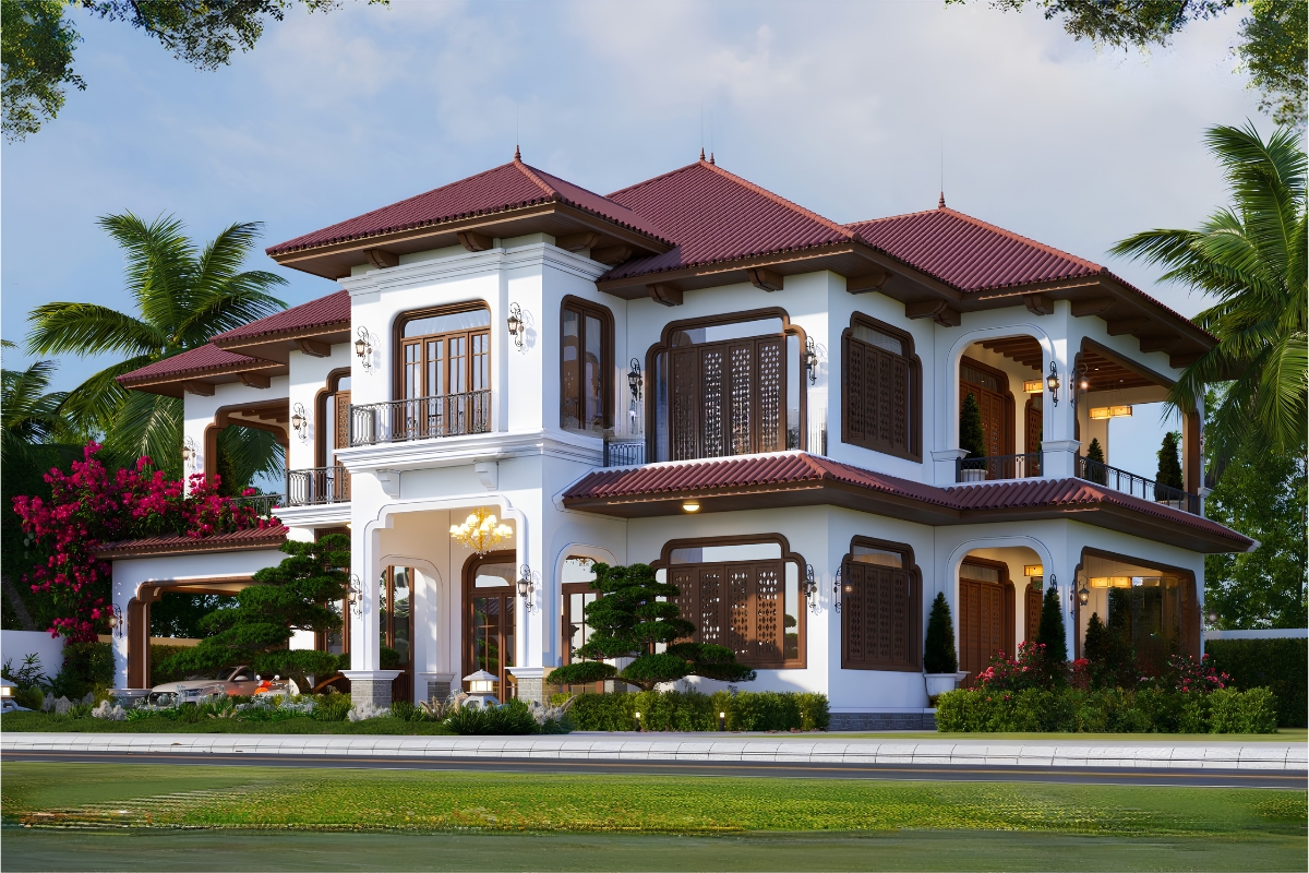 25+ Mẫu biệt thự 2 tầng phong cách Indochine đẹp lãng mạn & báo giá 2026 9 Khoảng xanh bao quanh giúp biệt thự 2 tầng phong cách Indochine trở nên thư thái và giàu sức sống (Ảnh: Sưu tầm)