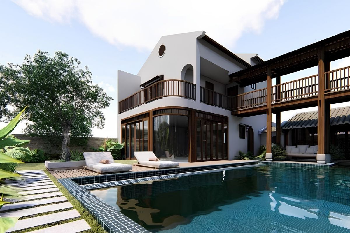 25+ Mẫu biệt thự 2 tầng phong cách Indochine đẹp lãng mạn & báo giá 2026 12 Sự kết hợp giữa mặt nước và cây xanh tạo nên không gian sống đậm chất resort (Ảnh: Sưu tầm)