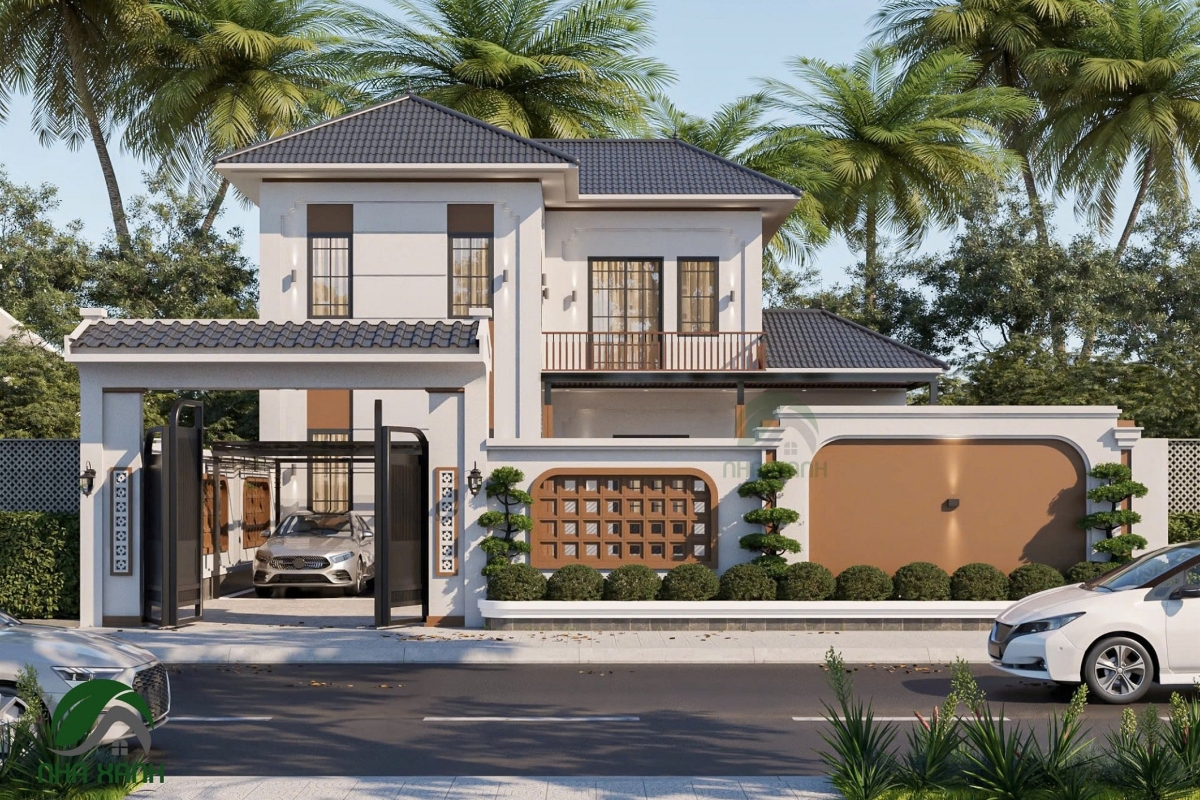 25+ Mẫu biệt thự 2 tầng phong cách Indochine đẹp lãng mạn & báo giá 2026 14 Gara được tích hợp khéo léo giúp thiết kế biệt thự 2 tầng phong cách Indochine thêm tiện nghi và hiện đại (Ảnh: Sưu tầm)