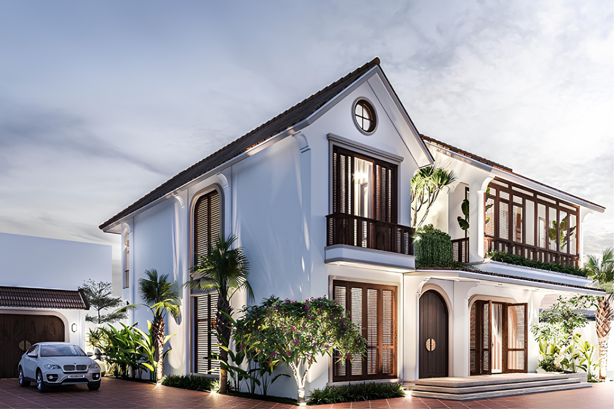 25+ Mẫu biệt thự 2 tầng phong cách Indochine đẹp lãng mạn & báo giá 2026 15 Không gian đỗ xe được bố trí hợp lý nhưng vẫn đảm bảo tính thẩm mỹ tổng thể (Ảnh: Sưu tầm)