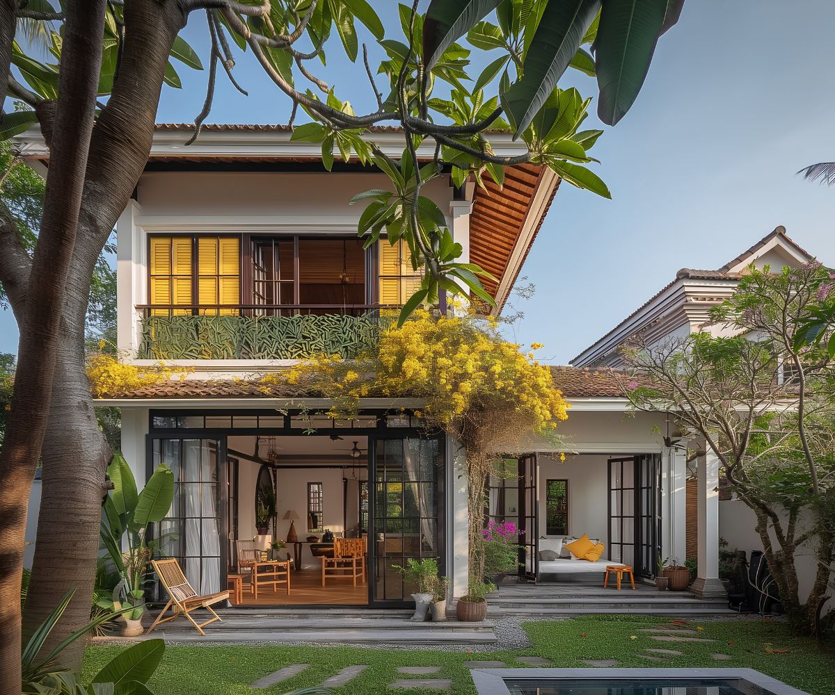 25+ Mẫu biệt thự 2 tầng phong cách Indochine đẹp lãng mạn & báo giá 2026 19 Thiết kế chữ L tăng khả năng đón sáng và thông gió tự nhiên cho công trình (Ảnh: Sưu tầm)