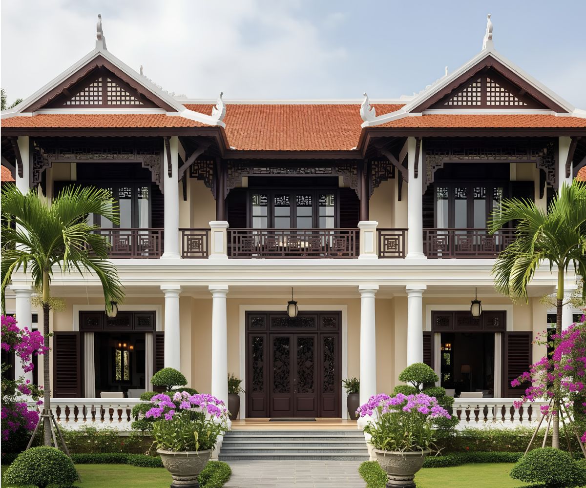 25+ Mẫu biệt thự 2 tầng phong cách Indochine đẹp lãng mạn & báo giá 2026 20 Thiết kế chữ U tạo nên khoảng sân trung tâm riêng tư và thoáng đãng (Ảnh: Sưu tầm)