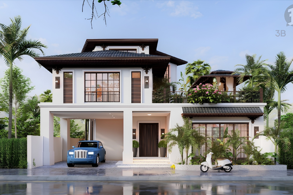 25+ Mẫu biệt thự 2 tầng phong cách Indochine đẹp lãng mạn & báo giá 2026 27 Không gian trên cao giúp biệt thự 2 tầng phong cách Indochine đón gió và ánh sáng hiệu quả (Ảnh: Sưu tầm)