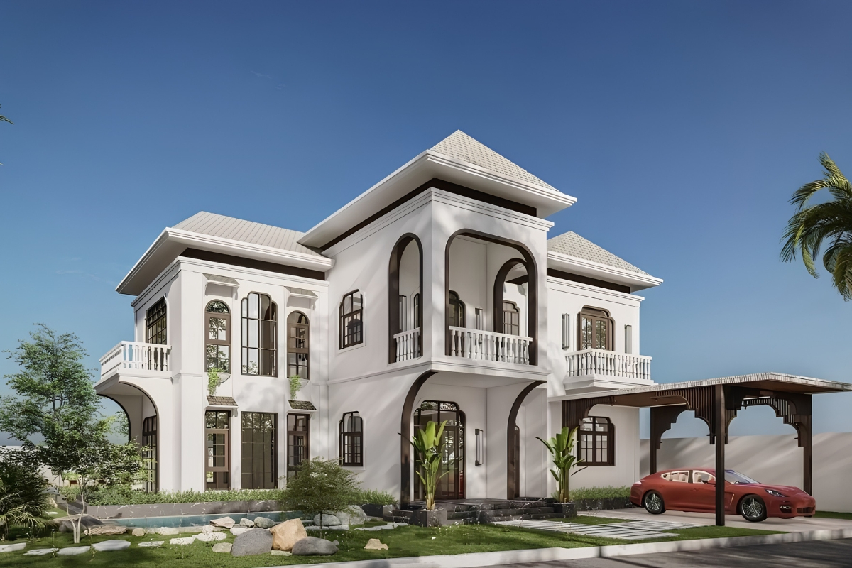 25+ Mẫu biệt thự 2 tầng phong cách Indochine đẹp lãng mạn & báo giá 2026 30 Thiết kế đồng bộ giúp gara hòa quyện với tổng thể kiến trúc công trình (Ảnh: Sưu tầm)