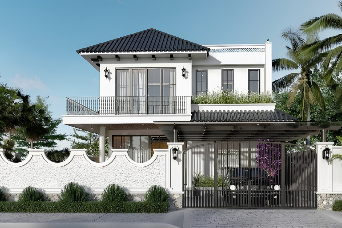 25+ Mẫu biệt thự 2 tầng phong cách Indochine đẹp lãng mạn & báo giá 2026 32 Mẫu biệt thự 2 tầng Indochine 3 phòng ngủ phù hợp với gia đình trẻ (Ảnh: Sưu tầm)