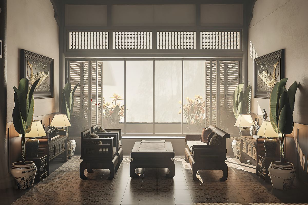 25+ Mẫu biệt thự 2 tầng phong cách Indochine đẹp lãng mạn & báo giá 2026 41 Gỗ tự nhiên màu trầm tạo nên vẻ đẹp sang trọng cho phòng khách biệt thự 2 tầng phong cách Indochine (Ảnh: Sưu tầm)