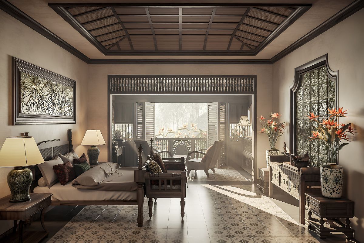25+ Mẫu biệt thự 2 tầng phong cách Indochine đẹp lãng mạn & báo giá 2026 47 Phòng ngủ master ưu tiên bảng màu trung tính để tạo cảm giác thư giãn (Ảnh: Sưu tầm)