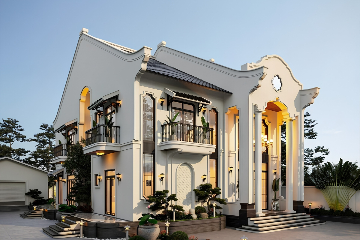 25+ Mẫu biệt thự 2 tầng phong cách Indochine đẹp lãng mạn & báo giá 2026 53 Biệt thự 2 tầng phong cách Indochine không chỉ chinh phục gia chủ bằng giá trị thẩm mỹ bền vững mà còn bởi khả năng thích nghi hoàn hảo với khí hậu Việt Nam (Ảnh: Sưu tầm)