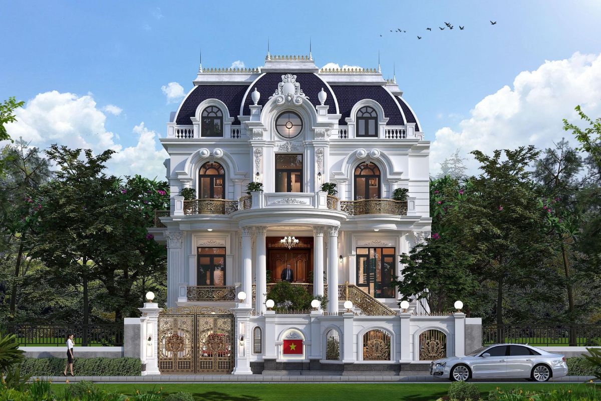 Mẫu biệt thự 2 tầng mặt tiền 10m đẹp 2026: bản vẽ & báo giá trọn gói 15 Biệt thự 2 tầng mặt tiền 10m mái Mansard mang đậm dấu ấn kiến trúc Pháp với vẻ đẹp sang trọng và đẳng cấp (Ảnh: Sưu tầm)