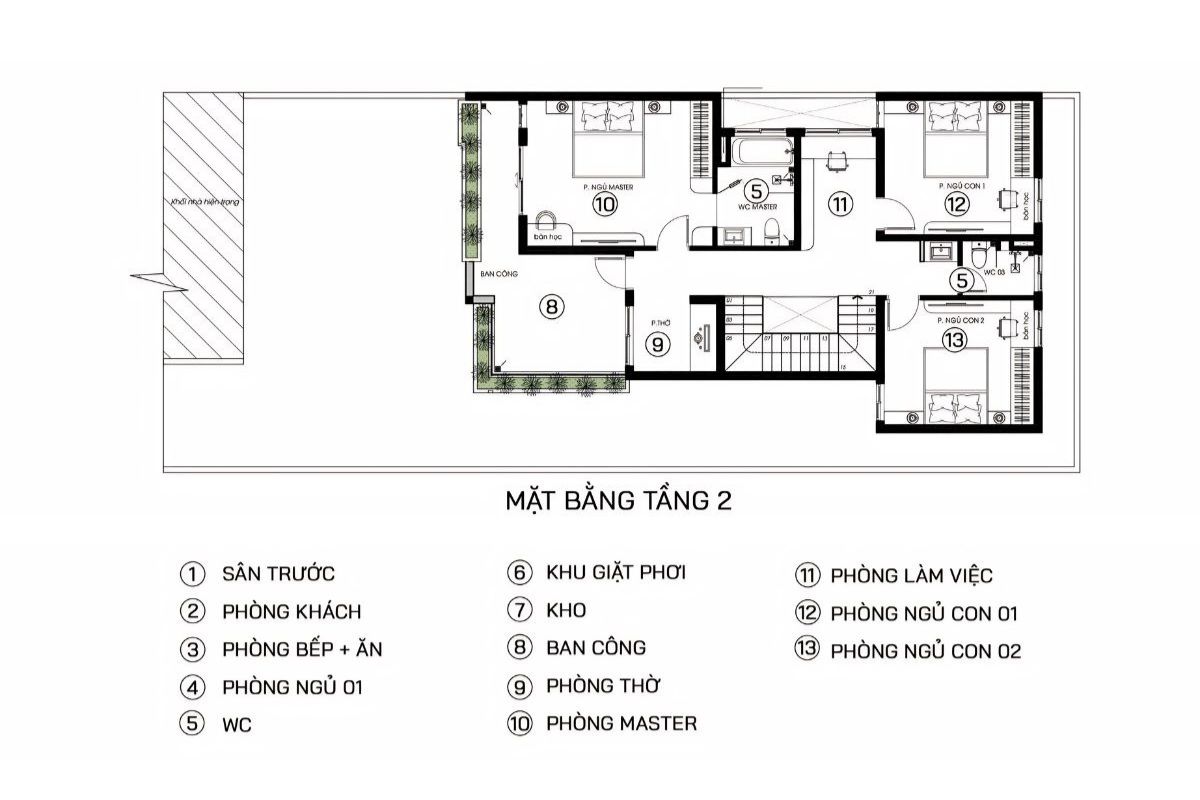 Mẫu biệt thự 2 tầng mặt tiền 10m đẹp 2026: bản vẽ & báo giá trọn gói 22 Khu vực tầng hai ưu tiên sự riêng tư nhưng vẫn đảm bảo thông thoáng và tiện nghi (Ảnh: Sưu tầm)