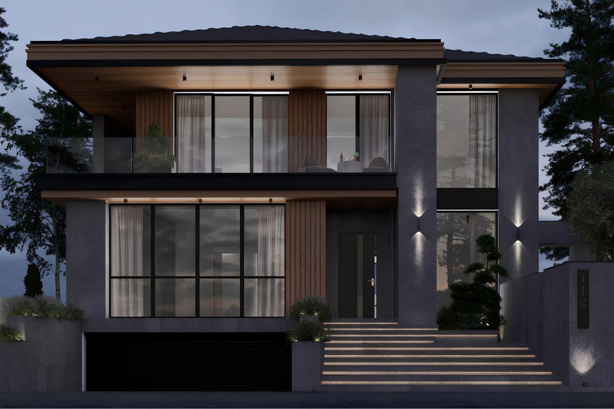 Mẫu biệt thự 2 tầng mặt tiền 10m đẹp 2026: bản vẽ & báo giá trọn gói 27 Thiết kế chiếu sáng hợp lý sẽ làm nổi bật vẻ đẹp kiến trúc của biệt thự mặt tiền rộng (Ảnh: Sưu tầm)