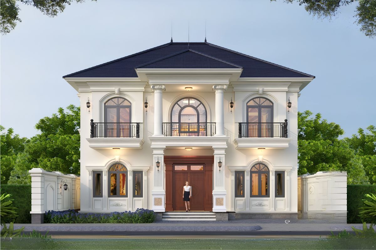 Mẫu biệt thự 2 tầng mặt tiền 12m đẹp nhất 2026 & báo giá trọn gói 2 Mặt tiền lớn giúp biệt thự 2 tầng mặt tiền 12m đón sáng và thông gió tự nhiên hiệu quả hơn (Ảnh: Sưu tầm)