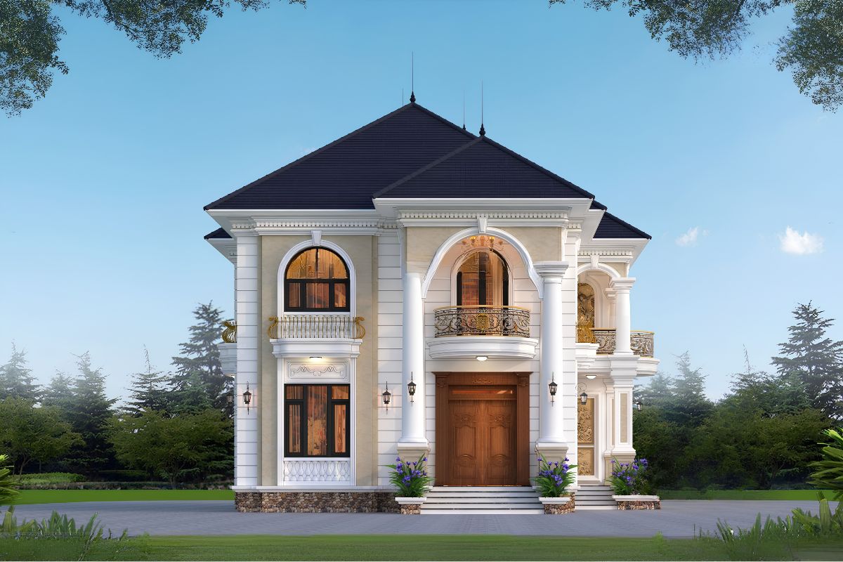Mẫu biệt thự 2 tầng mặt tiền 12m đẹp nhất 2026 & báo giá trọn gói 4 Hệ mái dốc nhẹ giúp công trình cân bằng giữa yếu tố thẩm mỹ và công năng sử dụng (Ảnh: Sưu tầm)