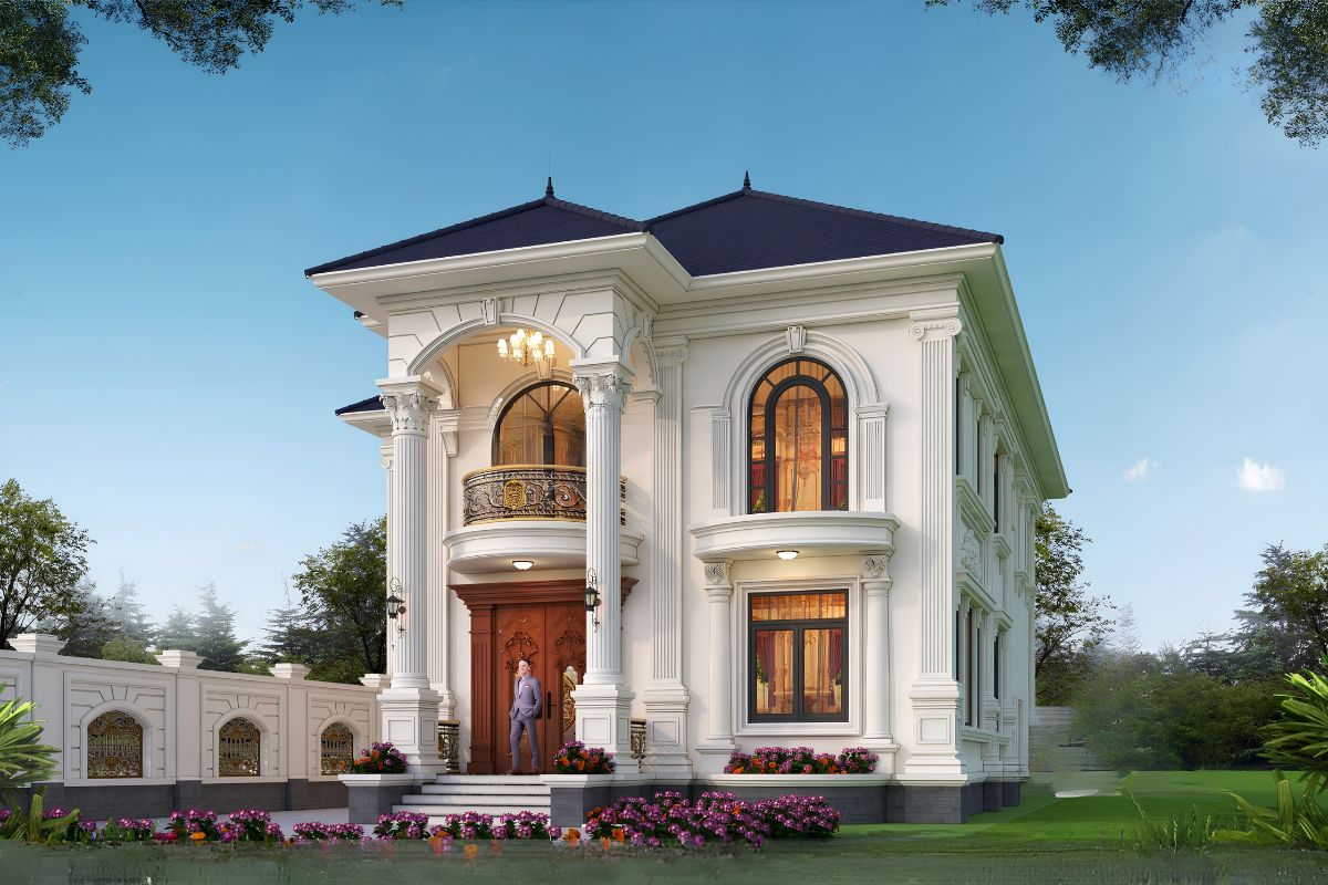 Mẫu biệt thự 2 tầng mặt tiền 12m đẹp nhất 2026 & báo giá trọn gói 5 Mặt tiền rộng tạo điều kiện triển khai các lớp mái hài hòa, tăng chiều sâu cho kiến trúc (Ảnh: Sưu tầm)