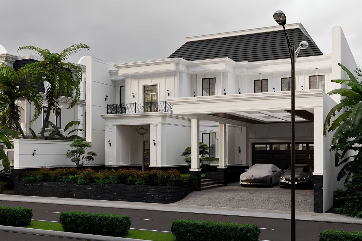 Mẫu biệt thự 2 tầng mặt tiền 12m đẹp nhất 2026 & báo giá trọn gói 14 Hệ cột và phào chỉ được tiết chế hợp lý để giữ sự tinh tế cho tổng thể công trình (Ảnh: Sưu tầm)