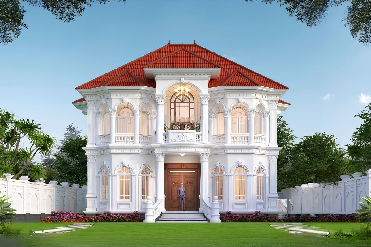 Mẫu biệt thự 2 tầng mặt tiền 12m đẹp nhất 2026 & báo giá trọn gói 15 Bố cục đối xứng giúp biệt thự trở nên bề thế và đẳng cấp hơn (Ảnh: Sưu tầm)