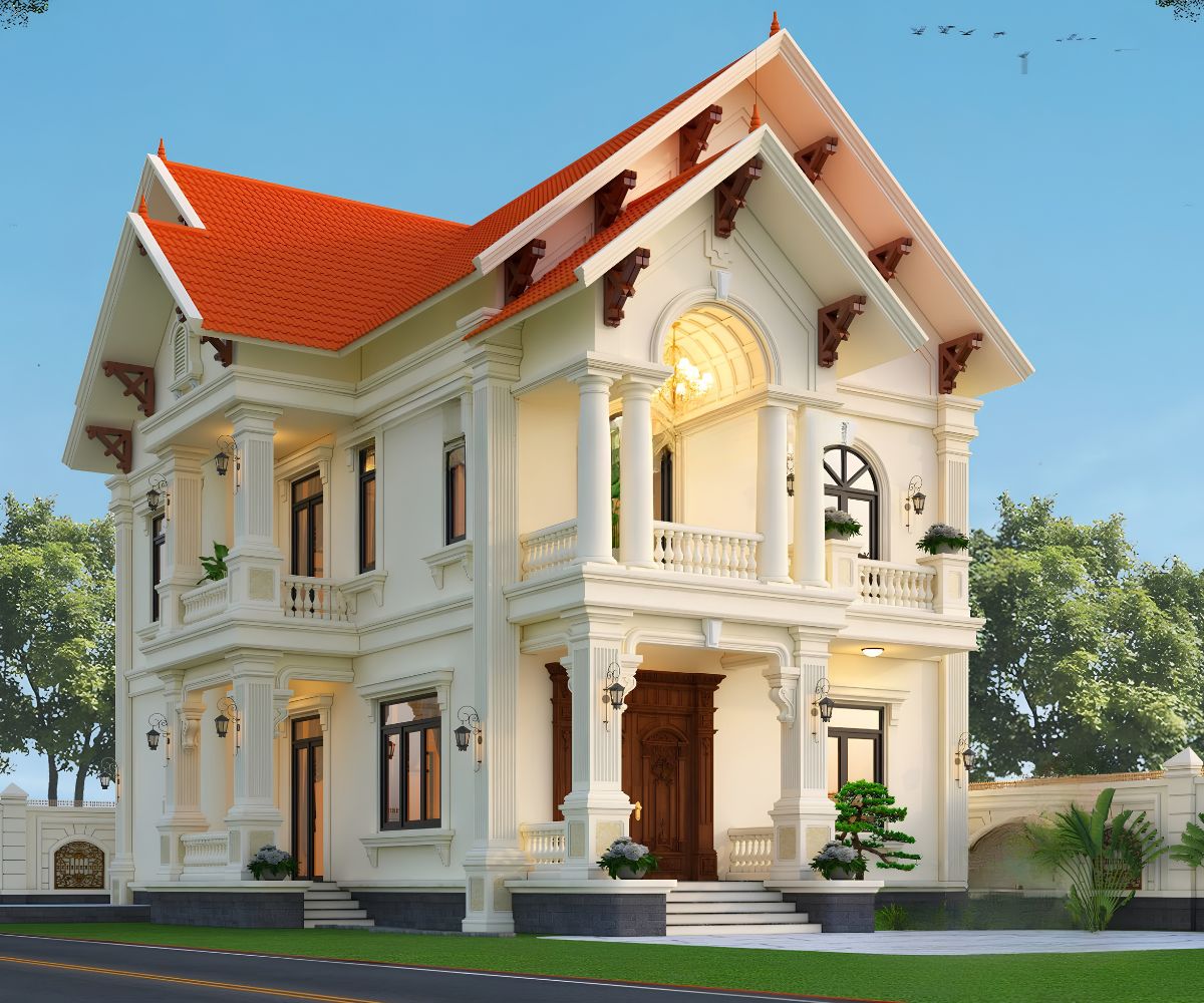 Mẫu biệt thự 2 tầng mặt tiền 12m đẹp nhất 2026 & báo giá trọn gói 19 Khoảng sân trung tâm là nơi lý tưởng cho các hoạt động sinh hoạt ngoài trời của gia đình (Ảnh: Sưu tầm)