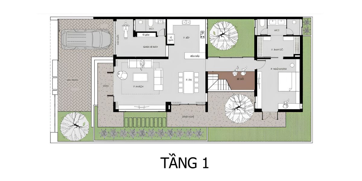 Mẫu biệt thự 2 tầng mặt tiền 12m đẹp nhất 2026 & báo giá trọn gói 28 Mặt bằng tầng một ưu tiên sự kết nối giữa phòng khách, bếp ăn và biệt thự có gara ô tô tiện lợi (Ảnh: Sưu tầm)