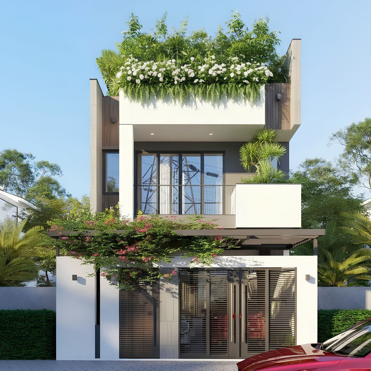 Mẫu biệt thự 2 tầng mặt tiền 7m đẹp & báo giá chi tiết 2026 3 Phong cách hiện đại chinh phục gia chủ bằng những đường nét kiến trúc mạnh mẽ, tinh gọn và giàu tính ứng dụng (Ảnh: Sưu tầm)