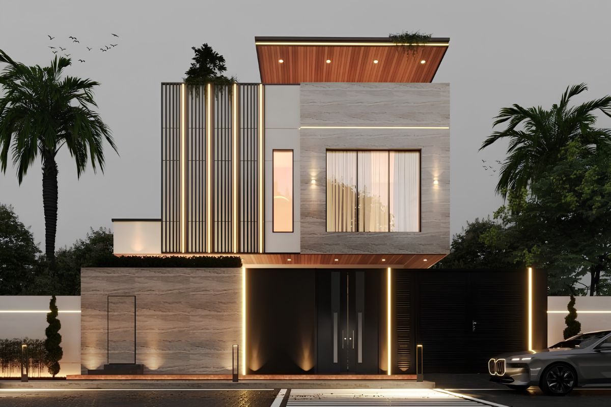 Mẫu biệt thự 2 tầng mặt tiền 7m đẹp & báo giá chi tiết 2026 4 Sự kết hợp giữa hình khối vuông vức và vật liệu hiện đại tạo nên diện mạo trẻ trung cho công trình (Ảnh: Sưu tầm)
