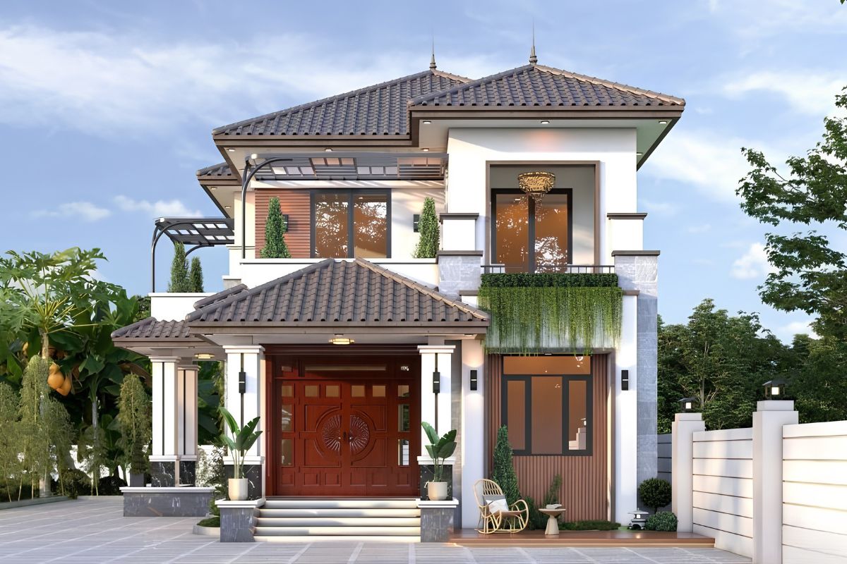 Mẫu biệt thự 2 tầng mặt tiền 7m đẹp & báo giá chi tiết 2026 14 Đây là phong cách phù hợp với những gia chủ yêu thích sự tinh tế và gần gũi thiên nhiên (Ảnh: Sưu tầm)